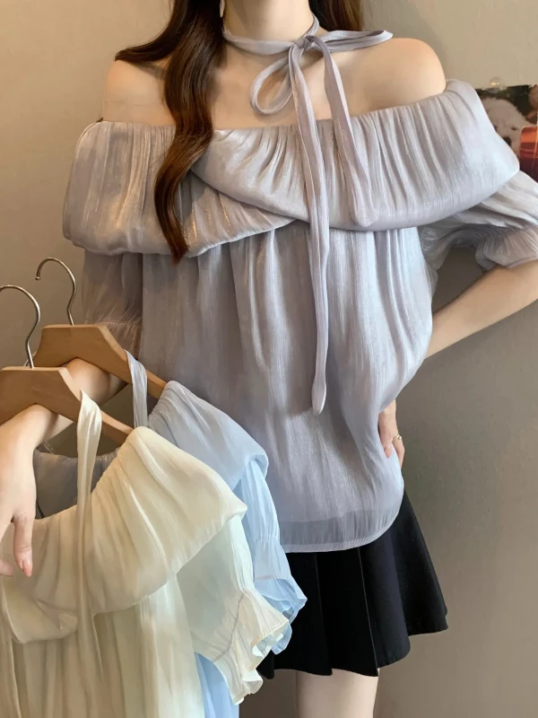 

Шикарная женская блузка в корейском стиле с открытыми плечами и короткими рукавами, летняя новинка, модная модель больших размеров, элегантный дизайн.