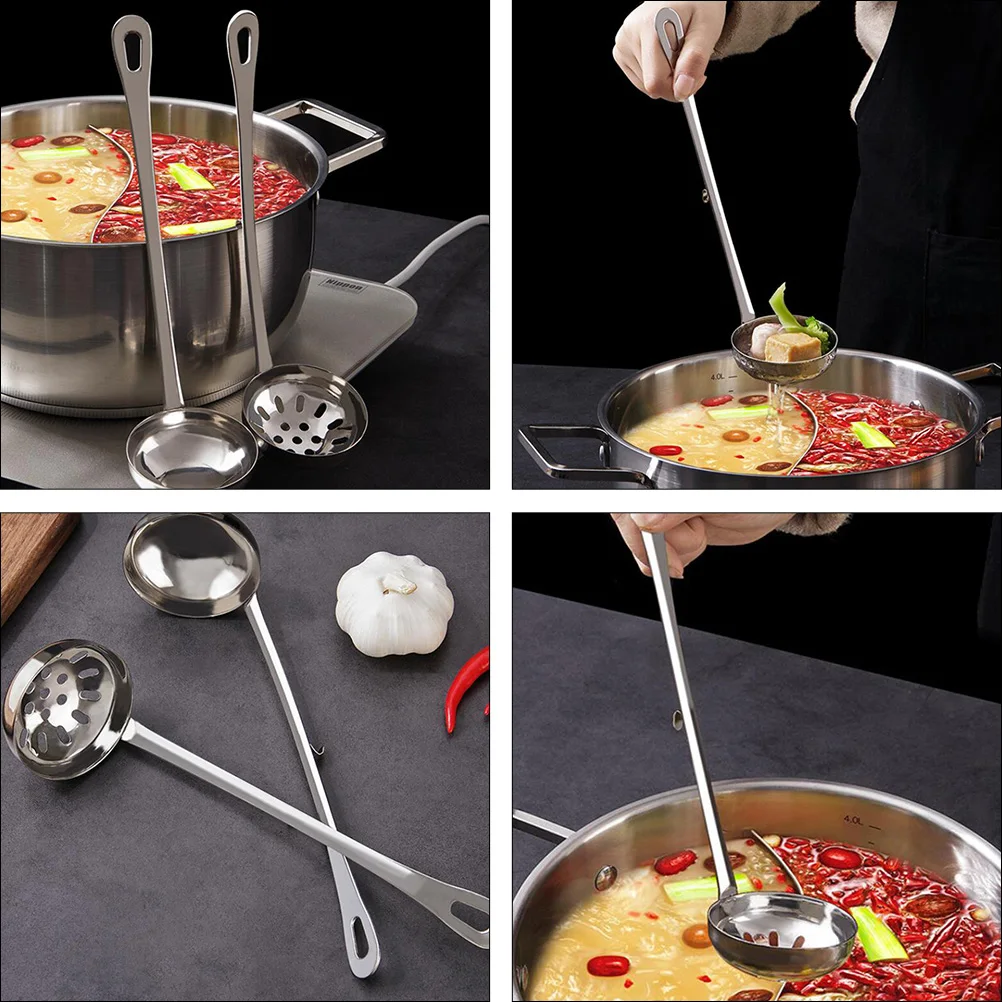 

1 set Stainless Steel Hot Pot Spoon Extended Handle Anti-Scald Soup Serving Scoop Hook Rounded Edges Easy Clean Kitchen Utensil