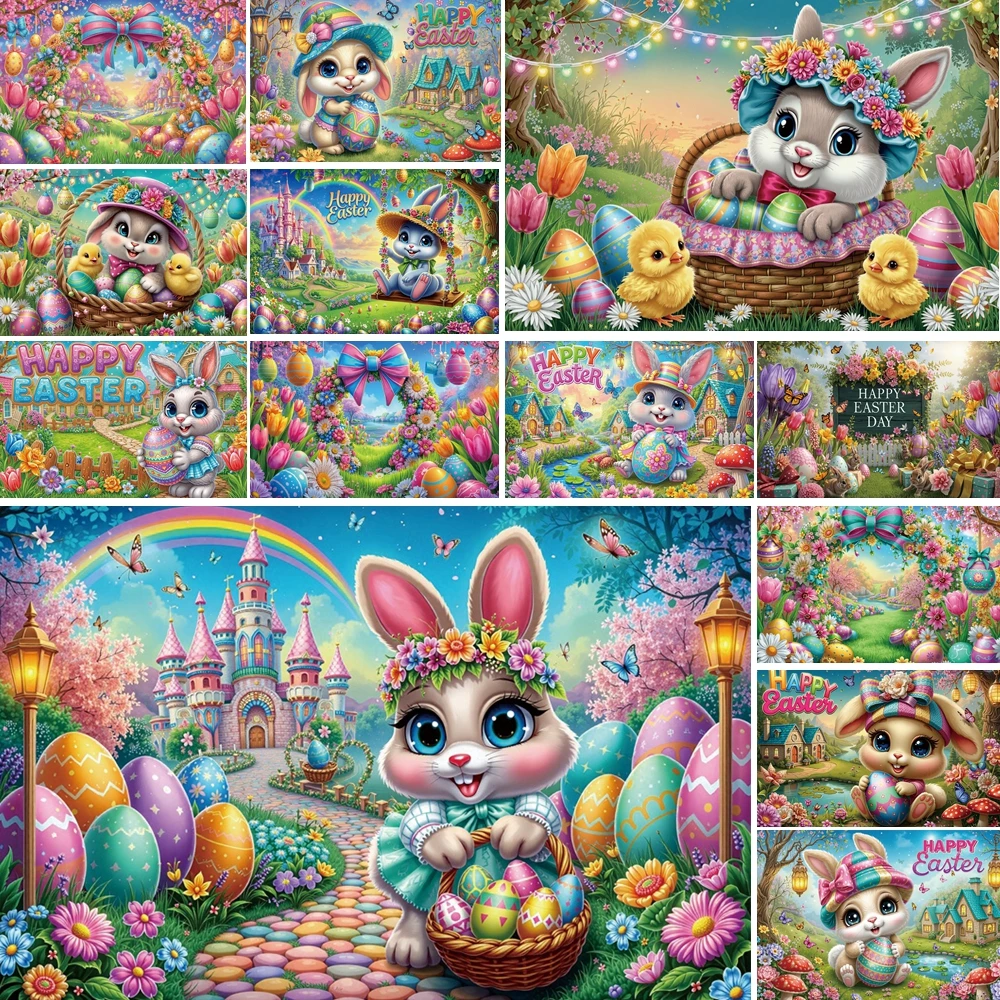 

MOON.QG Happy Easter Day Backgrounds for Photographs Bunny Garden Fairy Forest Eggs Backdrop Kids Festival Photozone Photocall