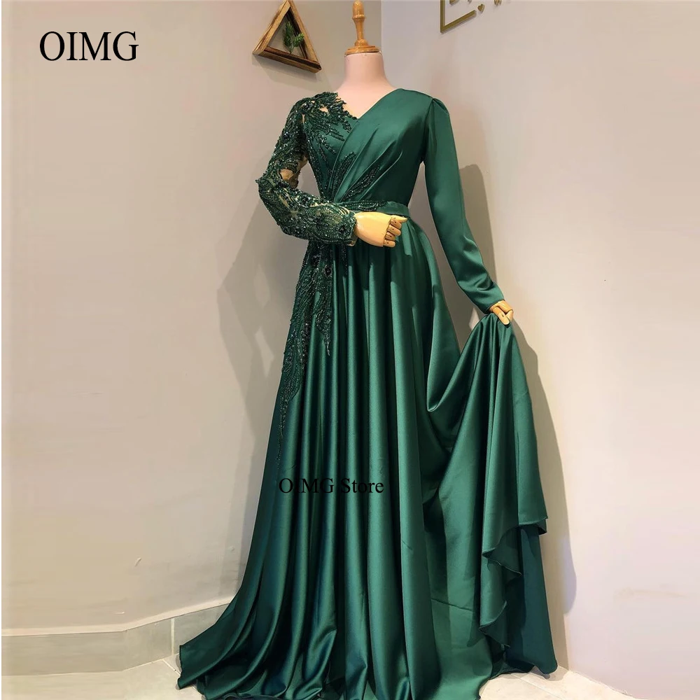 

OIMG Modest Emerald Green Satin Formal Evening Dresses Long Sleeves Beads Applique V Neck Dubai Saudi Arabic Women Prom Gowns