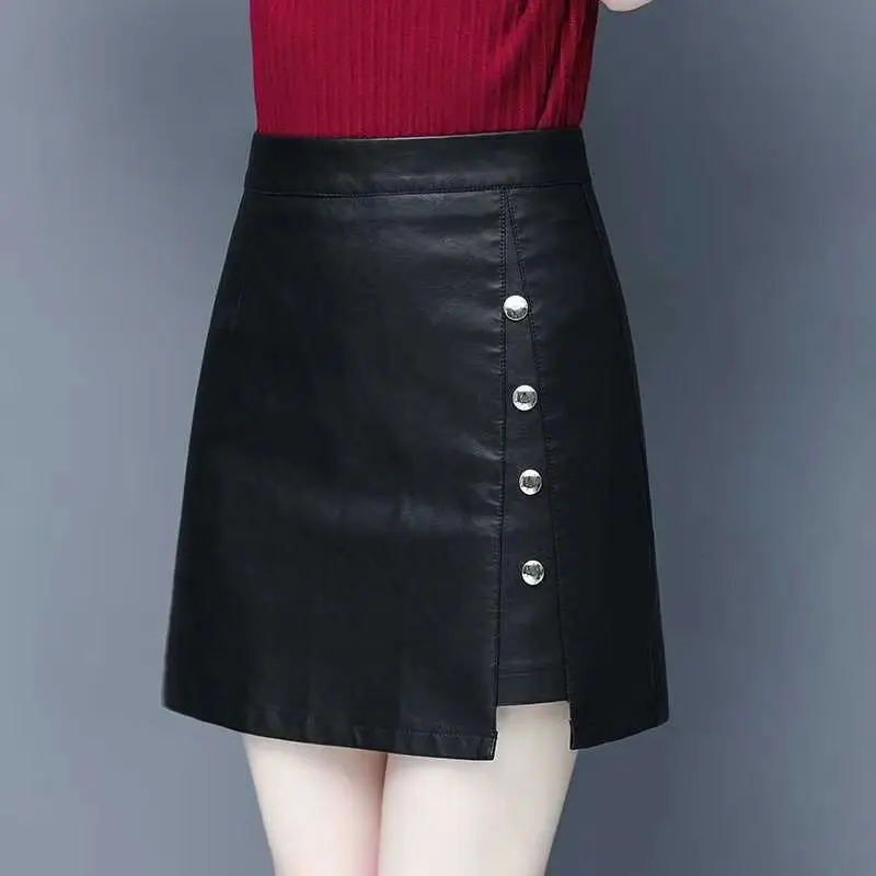 

Spring Autumn New Button Patchwork A-line Half Skirt Black All-match High Waist Solid Hip Skirt Vintage Elegant Women Clothing