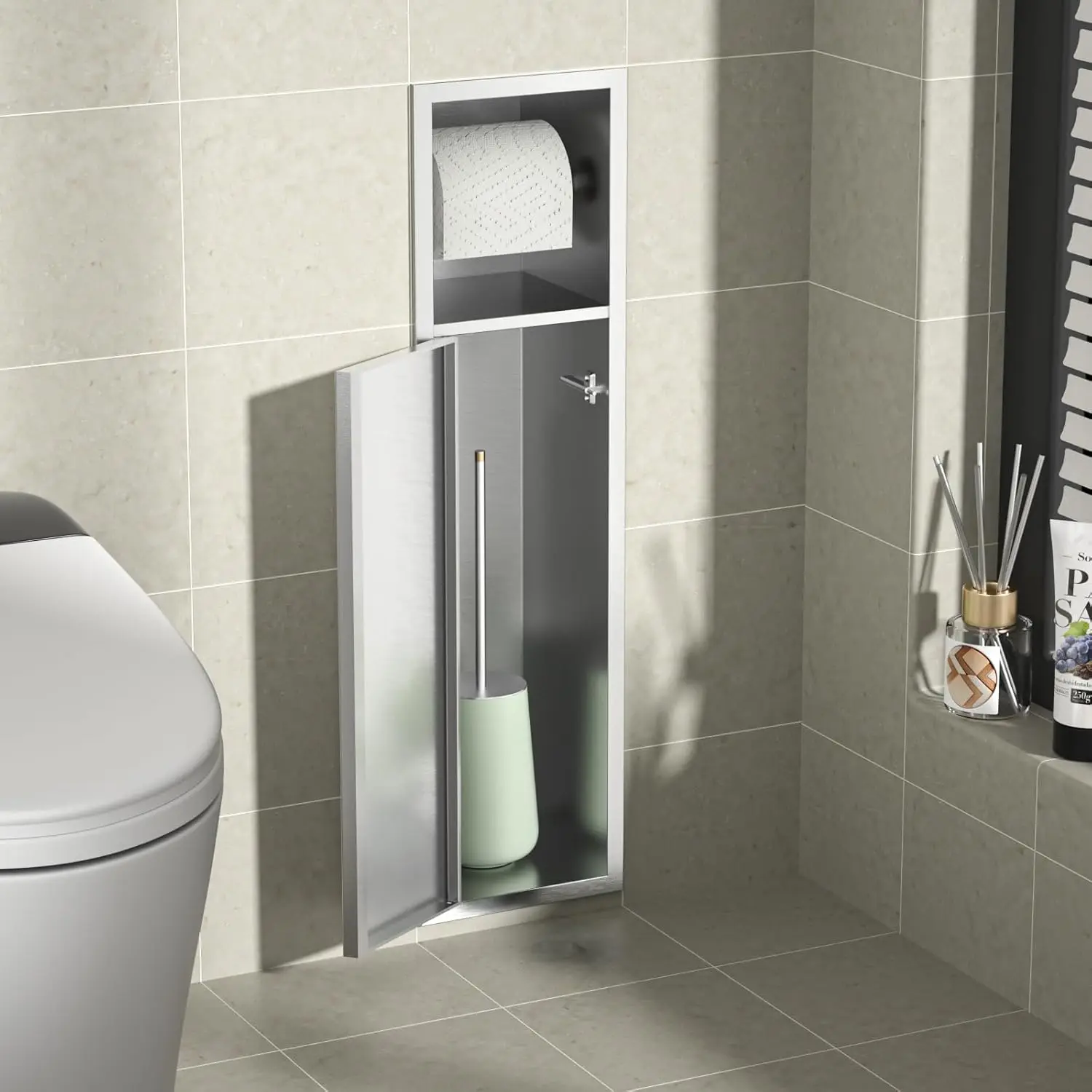 

304 SUS Multi-functional Tissue Dispenser Trash Can Toilet Brush Holder Bathroom Concealed Recessed Niche Toilet Paper Holder