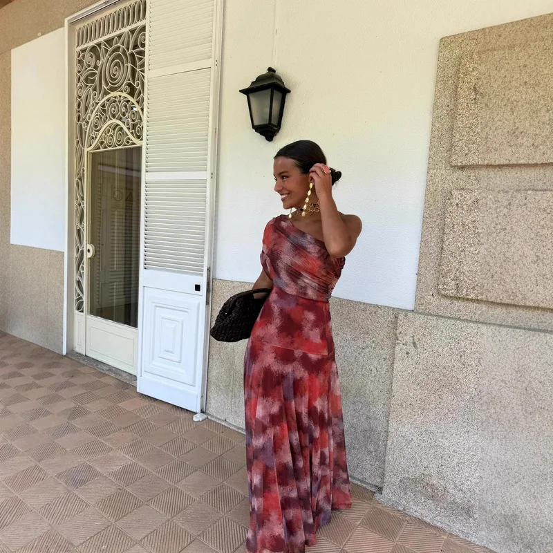 Elegant Printed Pleated Summer Vacation Midi Dress for Women Slim Fit Flattering Large Swing Beach Party Dress