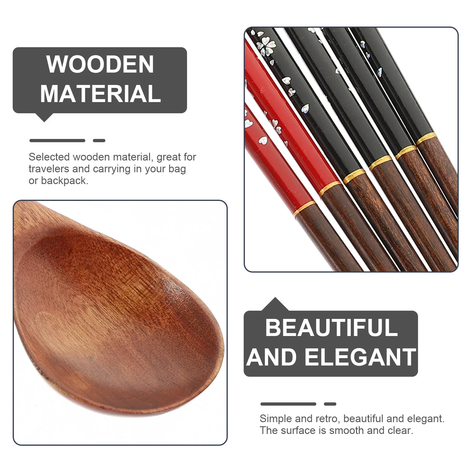 

3Sets Wooden Spoon Chopsticks Set Delicate Texture Smooth Clear Reusable Easy Clean Perfect Gift Home Office Use