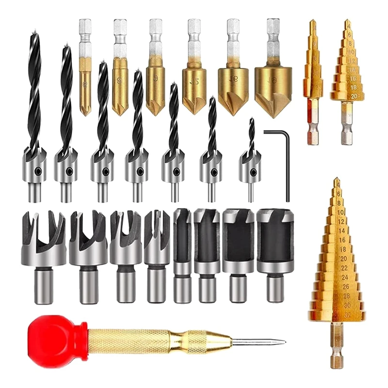 26-Pack Woodworking Chamfer Drilling Tools Drill Bits Set Wood Plug Cutter Three Pointed Countersink Drill Bits