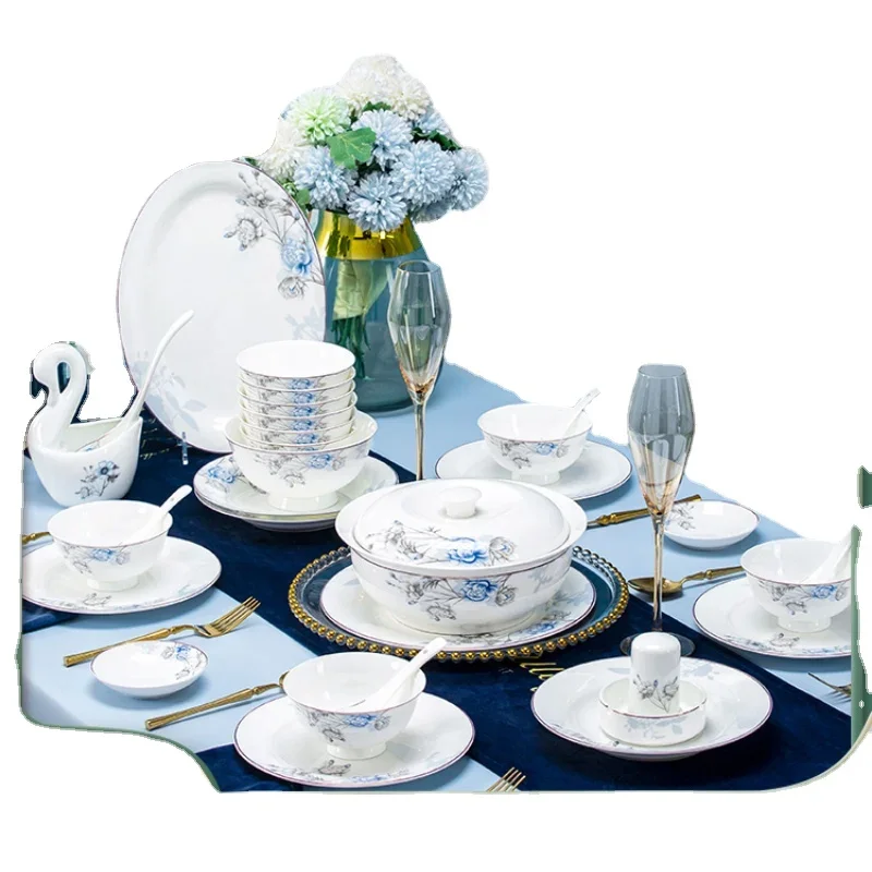 

Bowl and Dish Set New Chinese Hotel Tableware Plate Combination Moving into the New House High-Grade Bone China Tableware