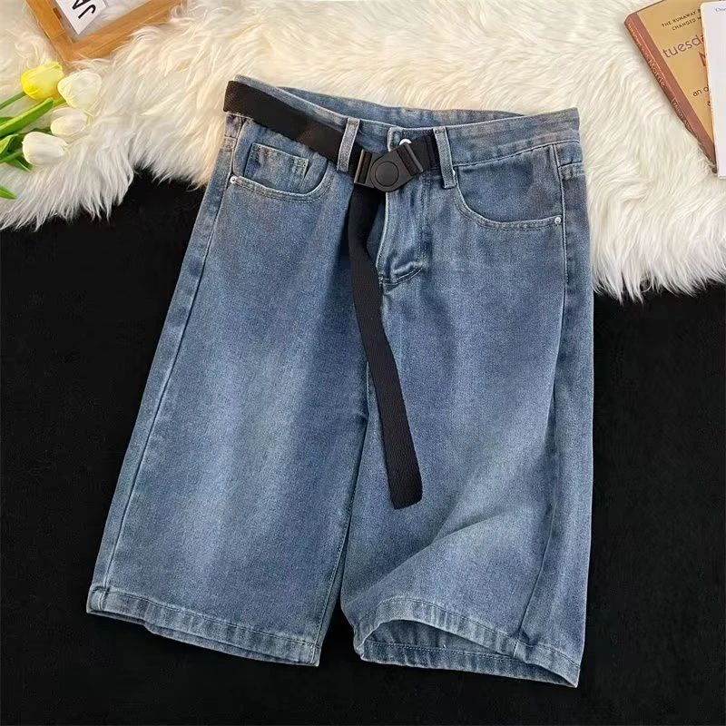 

Women's Buckle Design Waistband Unisex Denim Shorts Vintage Knee Length Trousers Summer Female Fashion Cropped Pants
