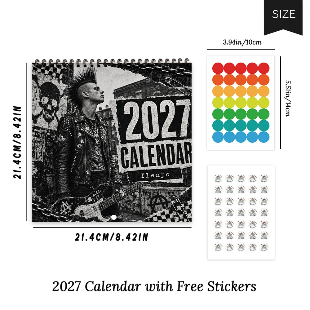 1pc 2027 Punk Rock Musician Wall Calendar,12‑Month Planner,Gift For Back‑to‑School,Christmas,New Year,Free Stickers Included