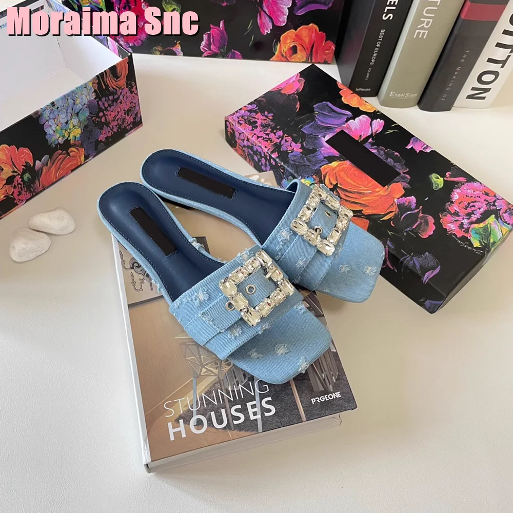 

Crystal Belt Buckle Women Slippers Square Toe Flat With Denim Blue Solid Sexy Ladies Shoes Outdoor Casual Newest Fashion 2023