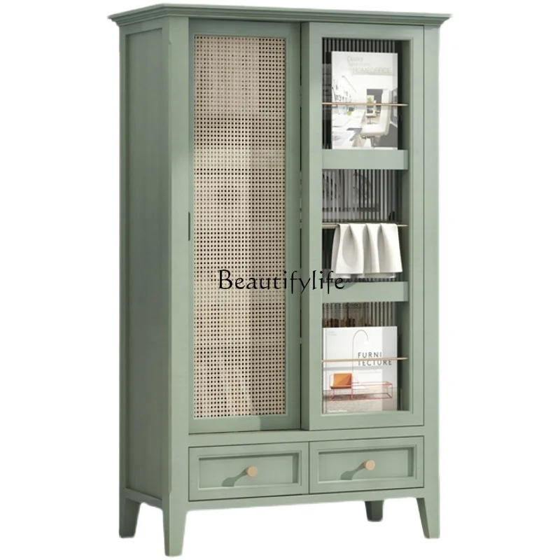 

American light luxury rattan floor magazine rack cabinet multi-functional bookcase