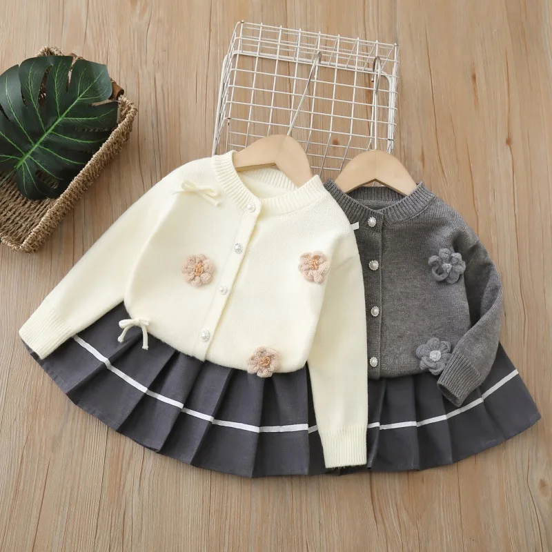 

MILANCEL Autumn Kids Sweater Set for Girls 2-6T Bow Flower Knitted Cardigan And Skirt Korean Style Loose Children's Outfit 2PCS