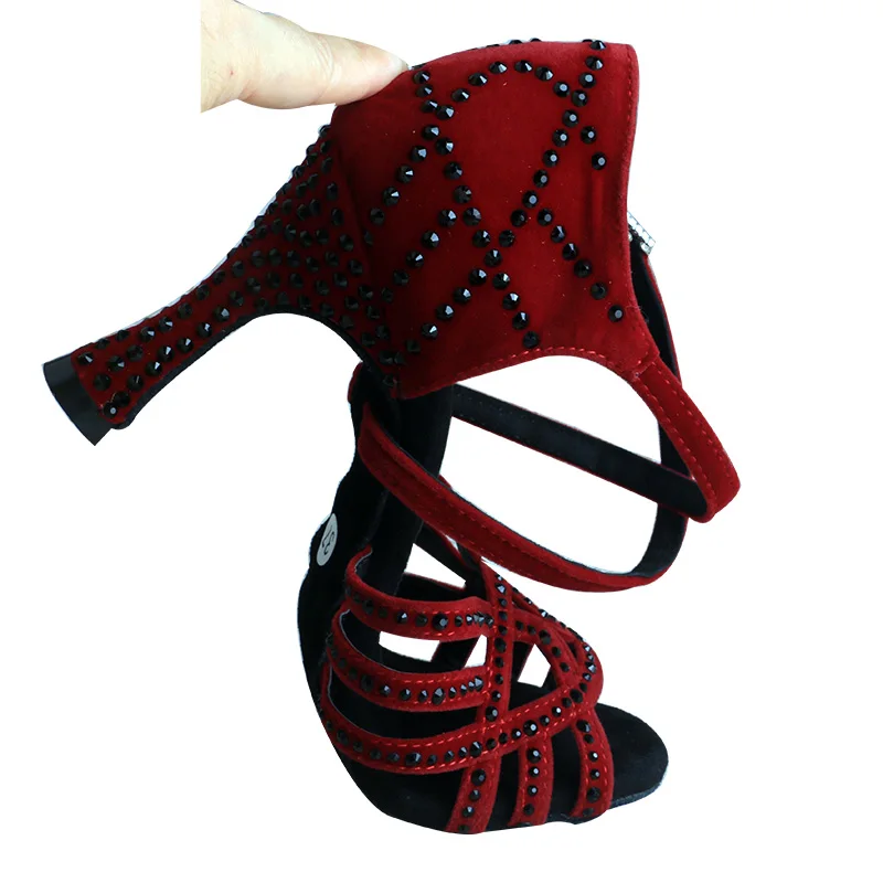 Wedopus zapatos de baile personalizados para mujer, zapatos de baile de salón de gamuza sintética con diamantes de imitación, zapatos de baile latino de 9CM, rojo vino