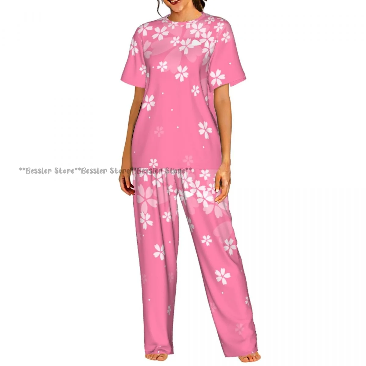 

Women's Cherry Blossoms Pink Flowers short sleeve trousers casual pajamas set