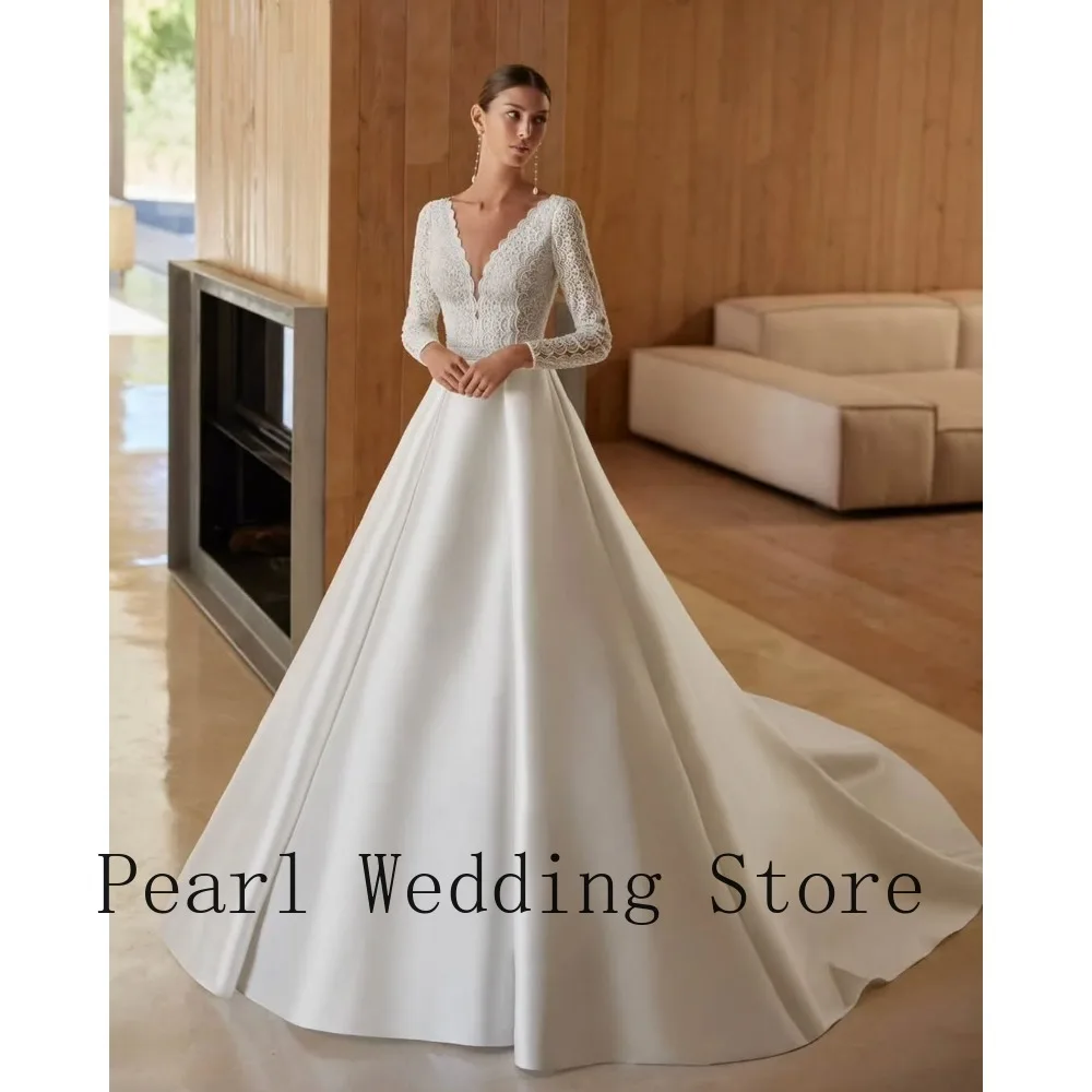 Customized White V-Neck Lace Long Sleeve Satin A-Line Wedding Dress with Train, Elegant Bridal Gown Plus Size