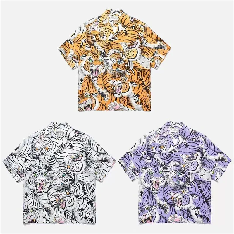 

WACKO MARIA Polyester Fiber White Tiger Head Printing Lapel Short Sleeve Breathable Thin Button New Shirt TEE Men Women Oversize