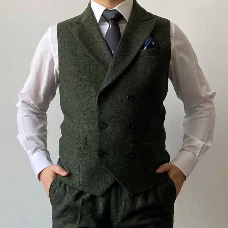 Męskie podwójne piersi z wełny w jodełkę Tweed Slim Fit garnitur Casual kamizelka Gentleman formalne na wesele kamizelka