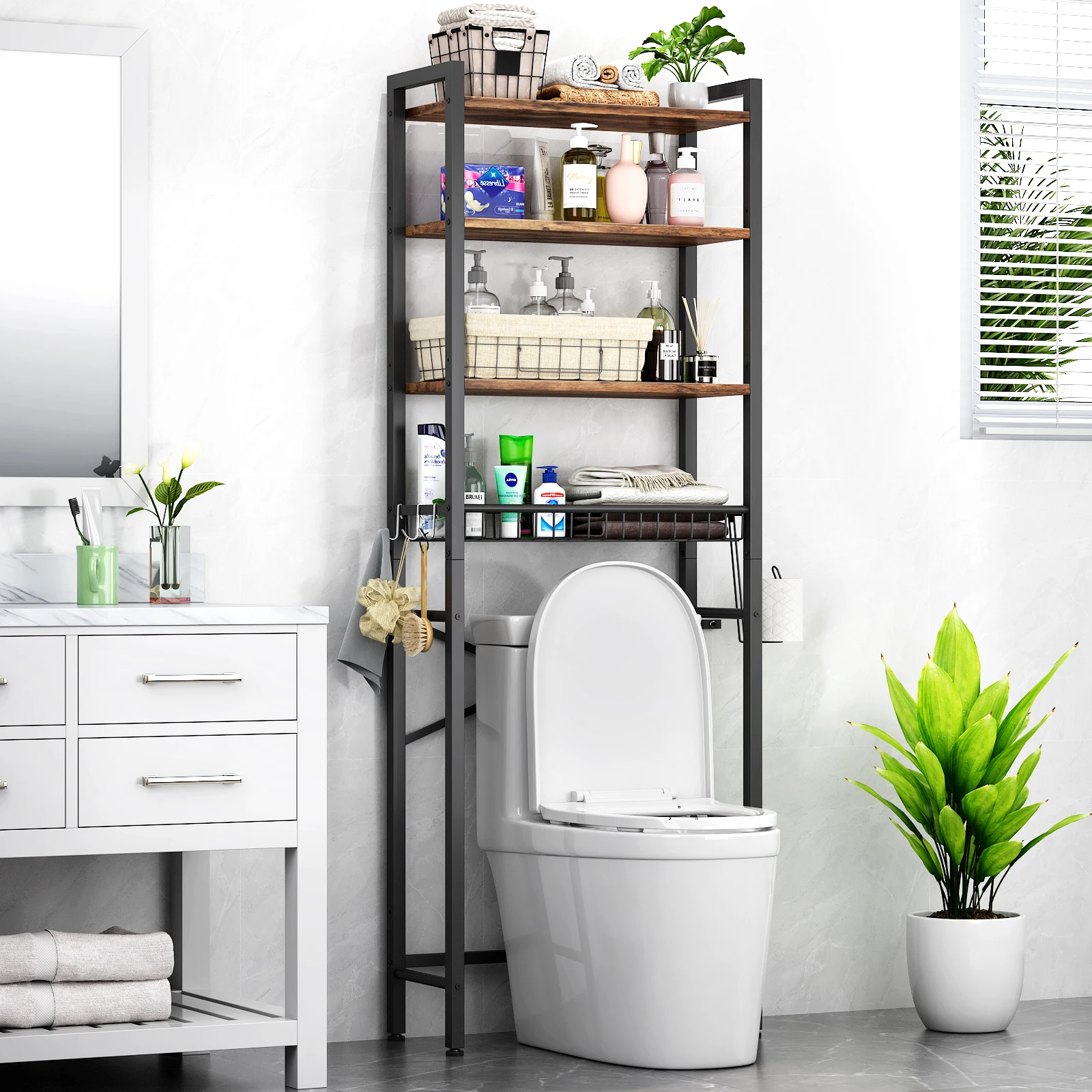 Adjustable 4-Tier Toilet Shelf – Compact Bathroom Organizer in Black/Brown/White, 173H x 60W x 24D CM, Perfect for Bathroom Use