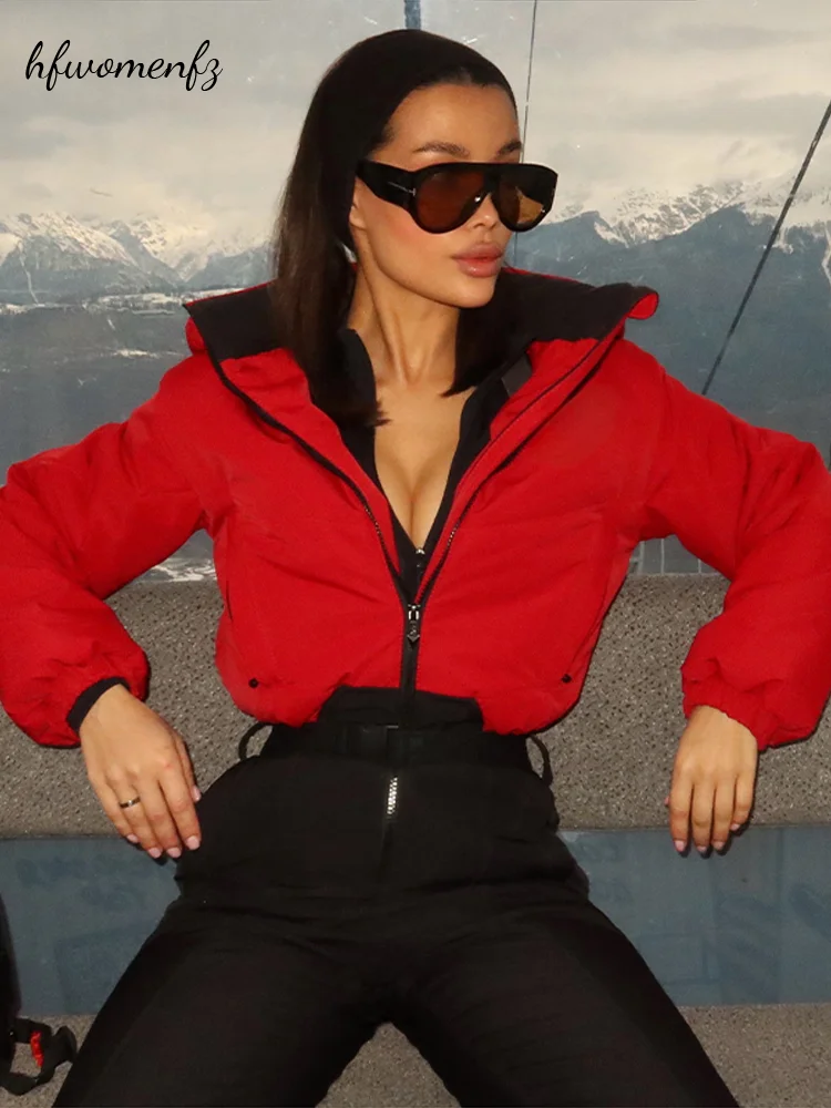 Winter One Piece Women's Hooded Ski Jumpsuit Belt Flare Zipper Long Sleeve Contrast Skiwear 2026 Lady Warm Thick Outdoor Skiing