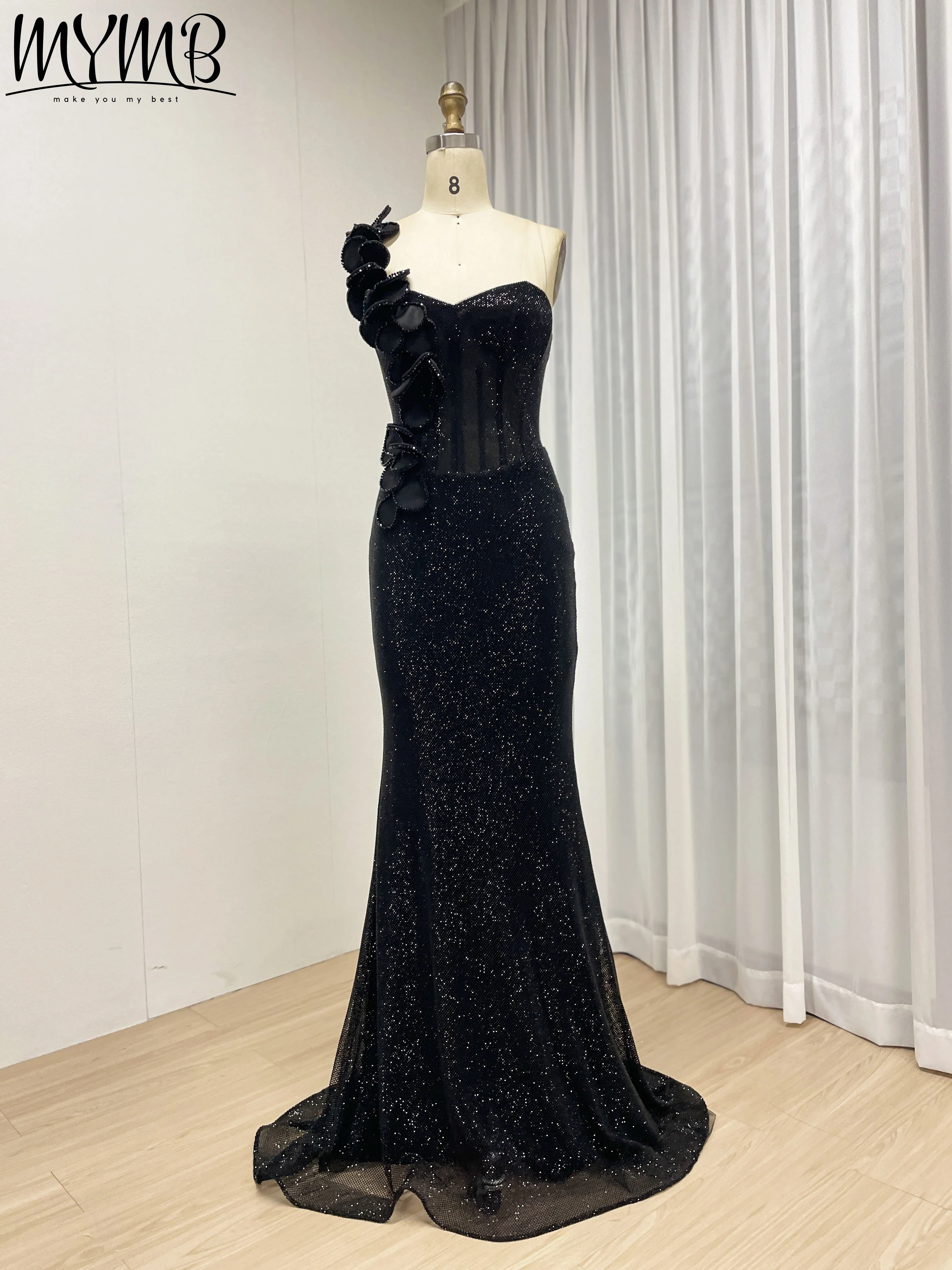 MYMB Elegant Arabic Black Sequin Mermaid Gown with One-Shoulder  For Formal Occasion Party Evening Dresses Customized MB40359