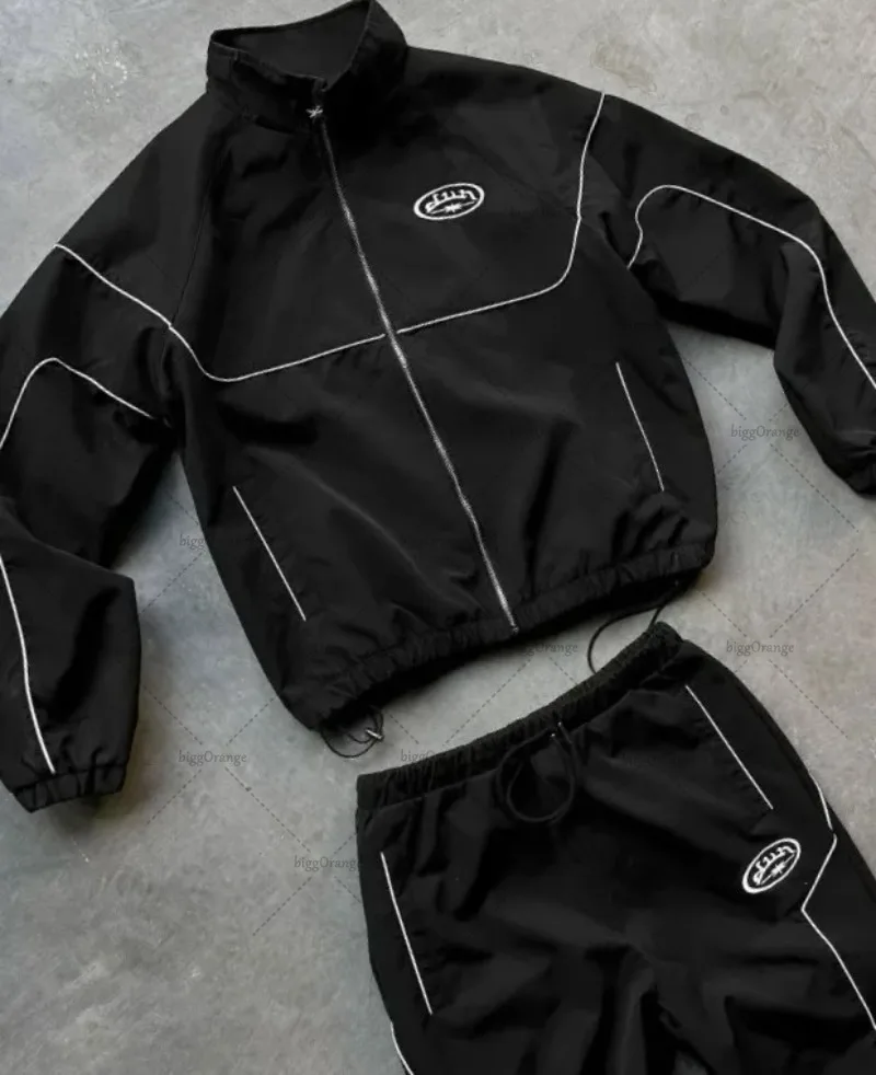 

Уличная одежда, модный уличный брендовый полосатый мужской комплект Y2K, новая американская готическая повседневная толстовка в стиле Харадзюку, трендовая свободная толстовка