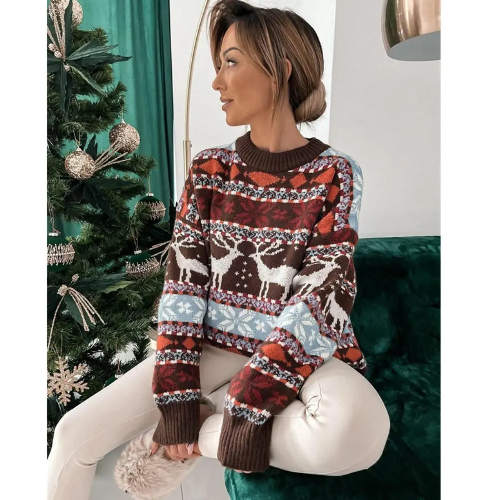 

Women's Christmas ThemeJacquard Sweater round Neck Long Sleeve Five-Color Loose Fit European And American Style