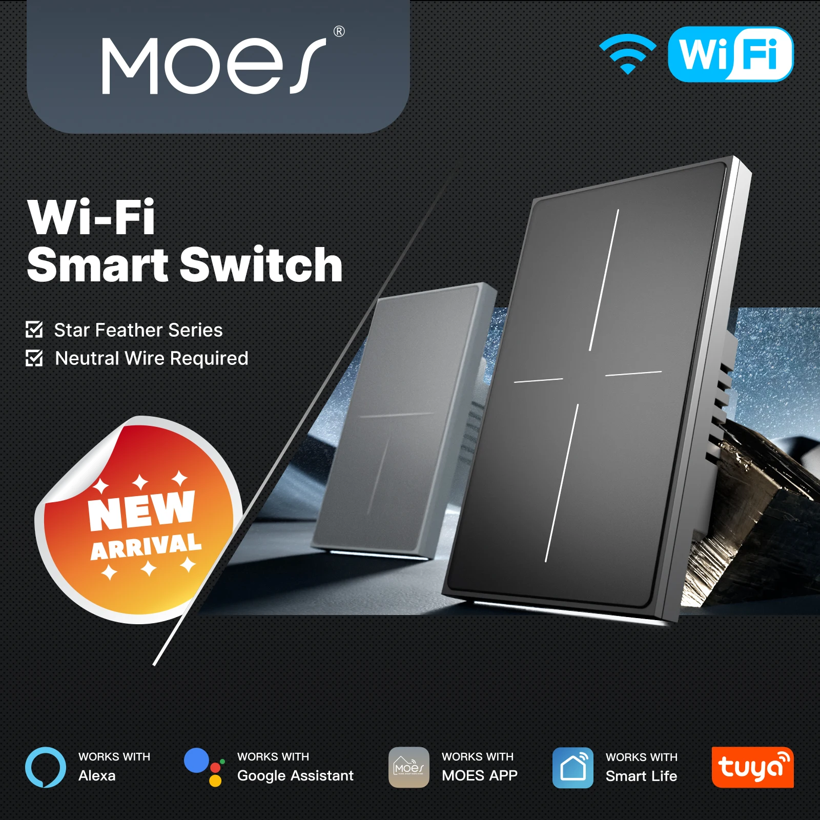 

MOES Tuya WiFi US Star Feather Switch Smart Air Touch AG Glass Backlight Light/Scene 2in1 With Neutral Support Alexa Google Home