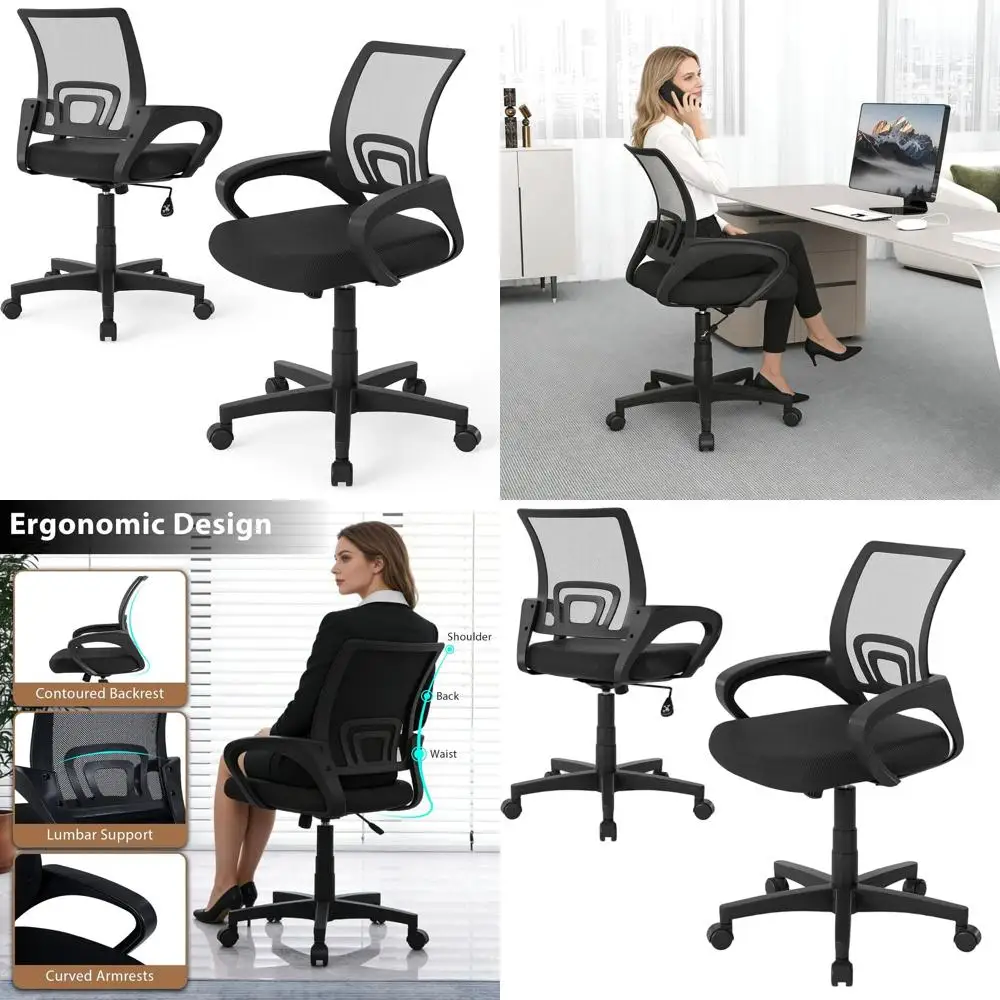 

Ergonomic High-Back Swivel Chair with Lumbar Support and Adjustable Armrests for Home Office and Study, Black