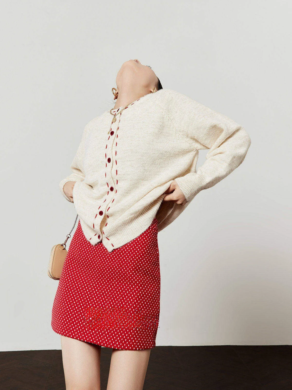 

Autumn New Arrival Women's Knitted Open Cardigan Loose Fit Contrast Color Retro Sle Peach Color Knitwear by Zhou Li Wu