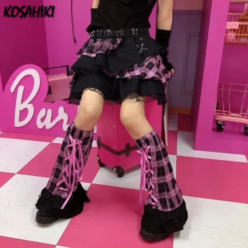 KOSAHIKI Harajuku Girls Plaid Lace Chain Rock Punk Skirts Women Gothic Lolita High Waist Cake Mini  Y2K Streetwear Jupe