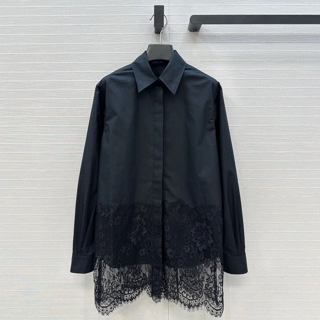 

2025 New Autumn Casual Loose Sweet Long Shirt Women Lapel Long Sleeve Lace Patchwork Elegant Lady Blouse Tops