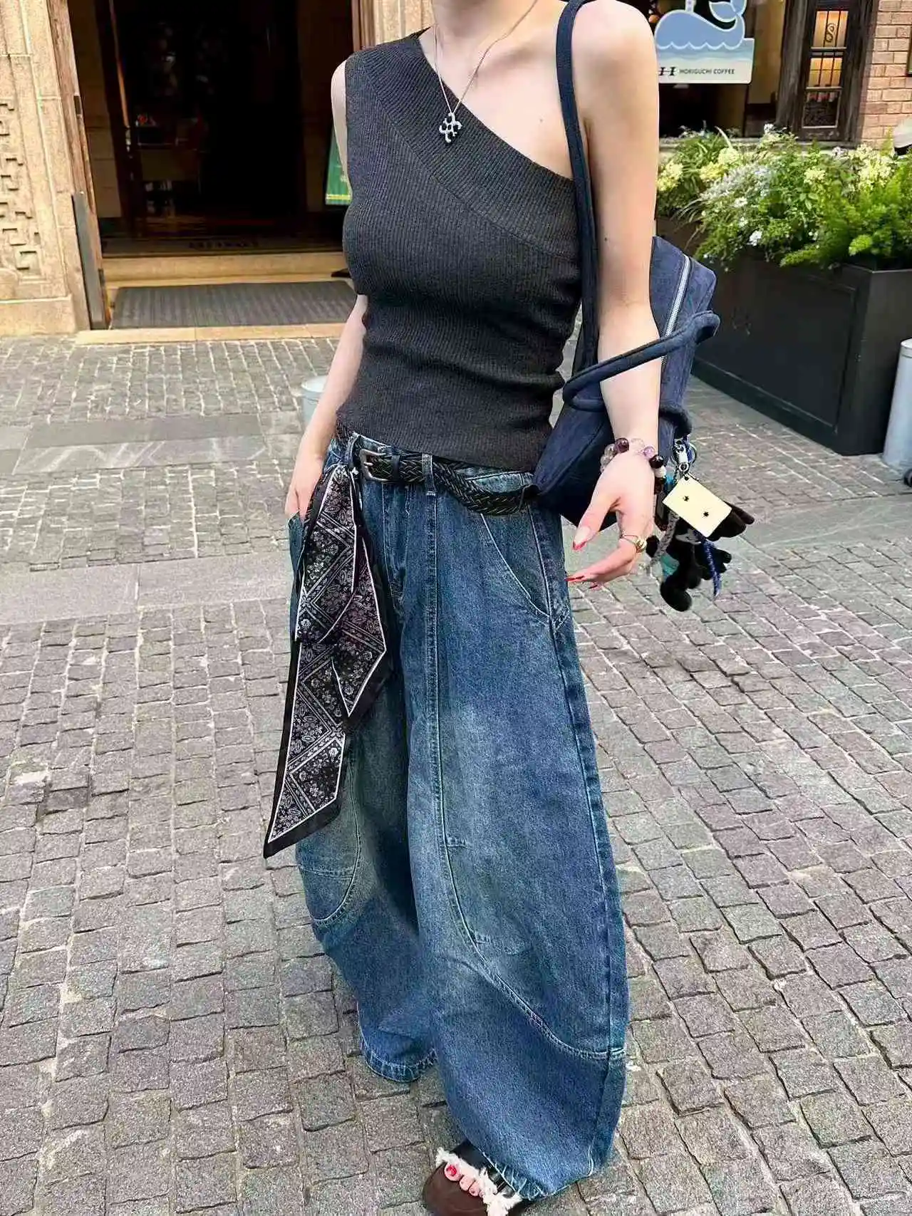 여성 빈티지 블루 배기 진 스트리트웨어 Y2K 2000년대 하이웨이스트 루즈 캐주얼 와이드 레그 팬츠 아메리칸 레트로 보이프렌드 바지