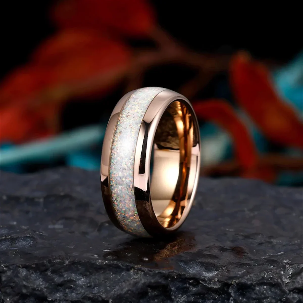 : Anillo de bodas para hombre con ópalo blanco, anillo de tungsteno en oro rosa, anillo de ópalo, alianza de boda, anillo para hombre, anillo para él, ajuste cómodo de 8 mm: []