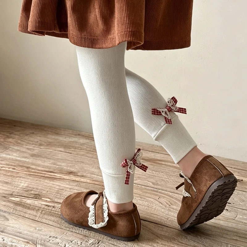 Lovely Girls Nine‑Point Tights Charming Tulle Plaid Bow Decor On Both Rear Heels Skin‑Friendly Wear‑Resistant Stretchy Leggings