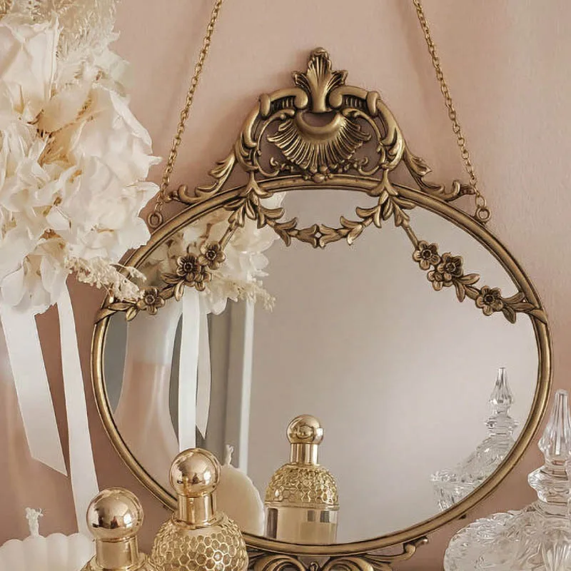 French Retro Mirror Metal Engraving Outer Frame Room Decoration Mirror Bathroom Dressing Mirror Wall Pendant Home Ornaments Gift