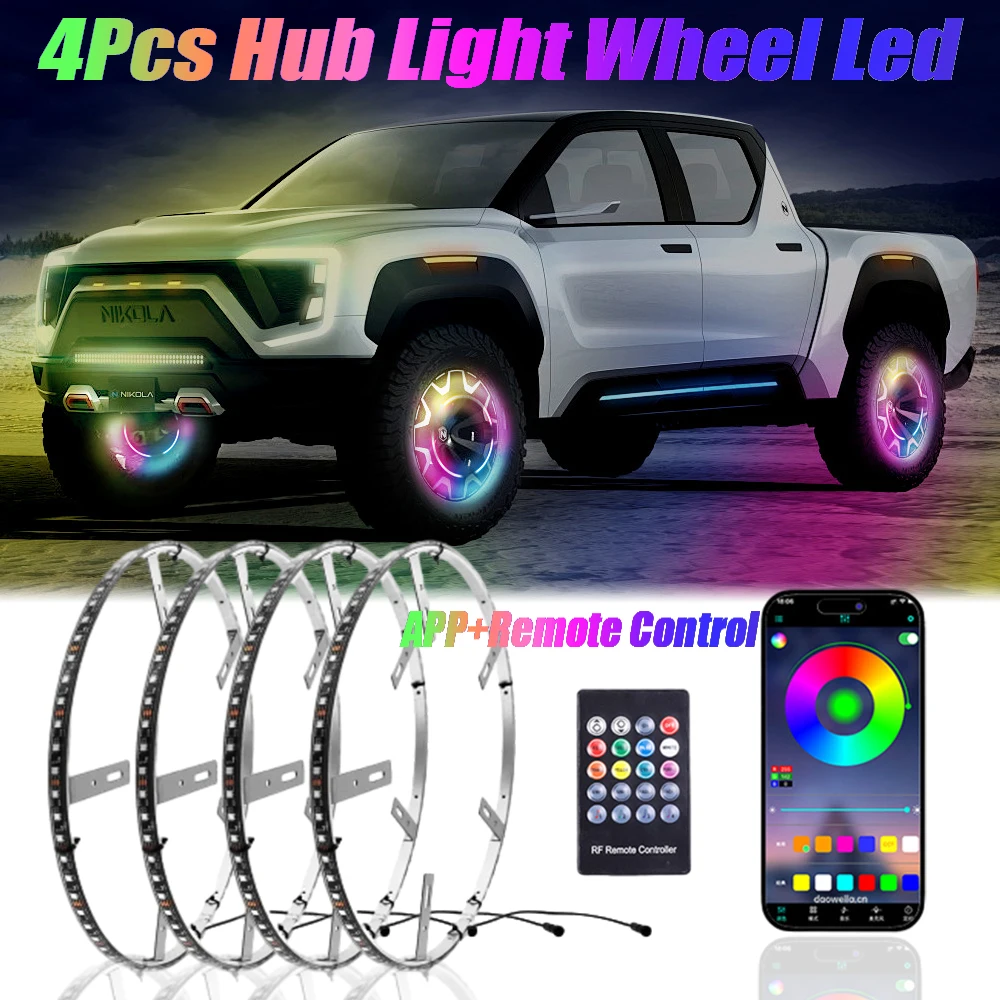 4PCS RGB Car Hub Lamp Kit Waterproof LED Strip Light APPR RF Control Car Wheel Ring Neon Light Strip Colorful Adjustable Hub 12V