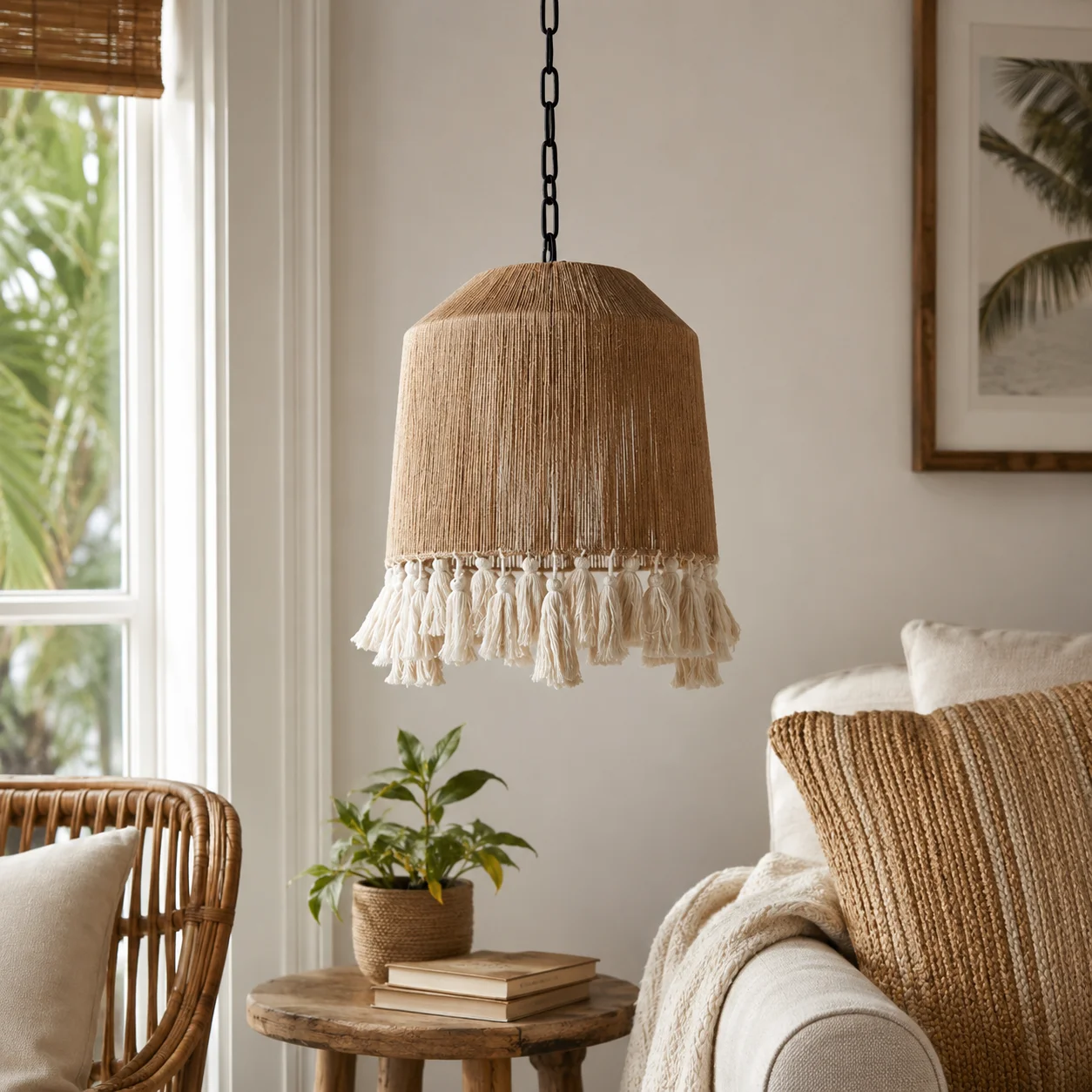 JOYINLED Coastal Pendant Lamp with Natural Hemp Rope Shade, Fringe Tassel Boho Woven Chandelier 30cm for Dining Room Living Room