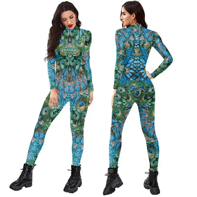 Peacock Feathers Jumpsuit Women Animal Cosplay Costume Carnival Bodysuit 3D Printing Skinny Catsuit Party Outfit