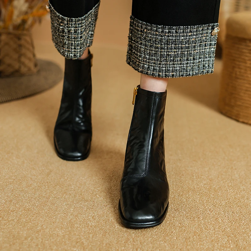 2024 New Winter Round Toe Women Boots Chunky Heel Women Shoes Retro Western Boots Ankle Boots Genuine Leather Chelsea Shoes