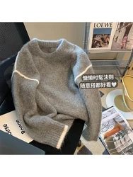 2022 Autumn Winter Women O-neck Contrast Color Knitwear Jumper Baggy Long Sleeve Office Lady Warm Plush Knit Pullover Sweater