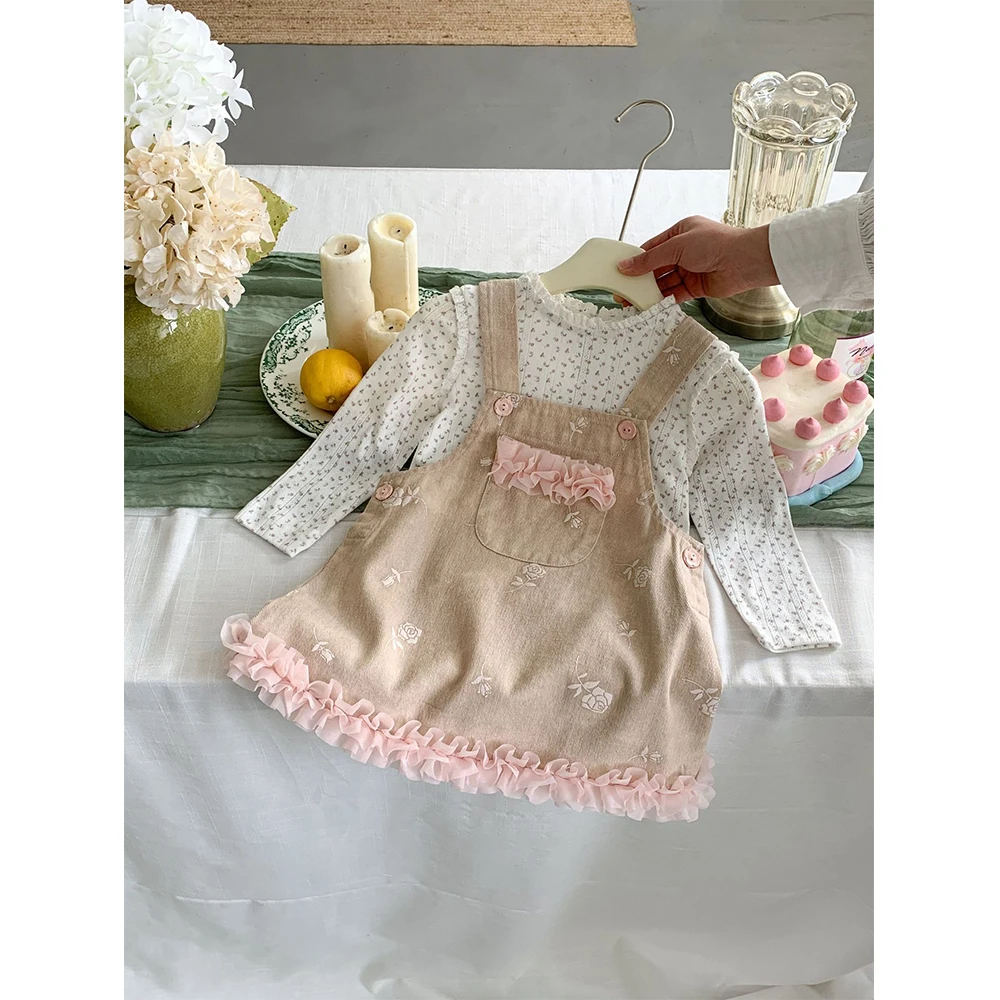 Ensemble de robe pour filles, 2 pièces, pull imprimé Floral, chemise inférieure à manches longues + bretelles, robes trapèze roses, vêtements pour enfants de 1 à 6 ans