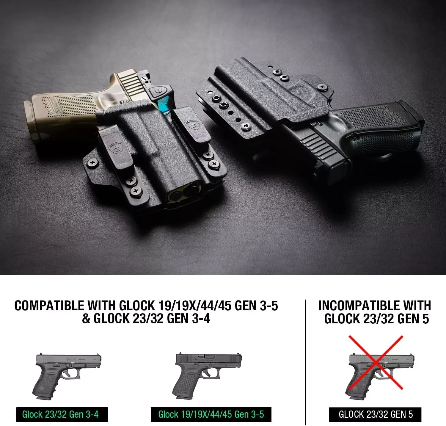 IWB&OWB Convertible Kydex Holster Optic Cut:Glock 19/19X/44/45 Gen3-5&G23/32 Gen3-4,Compatible Red Dot,Right Hand