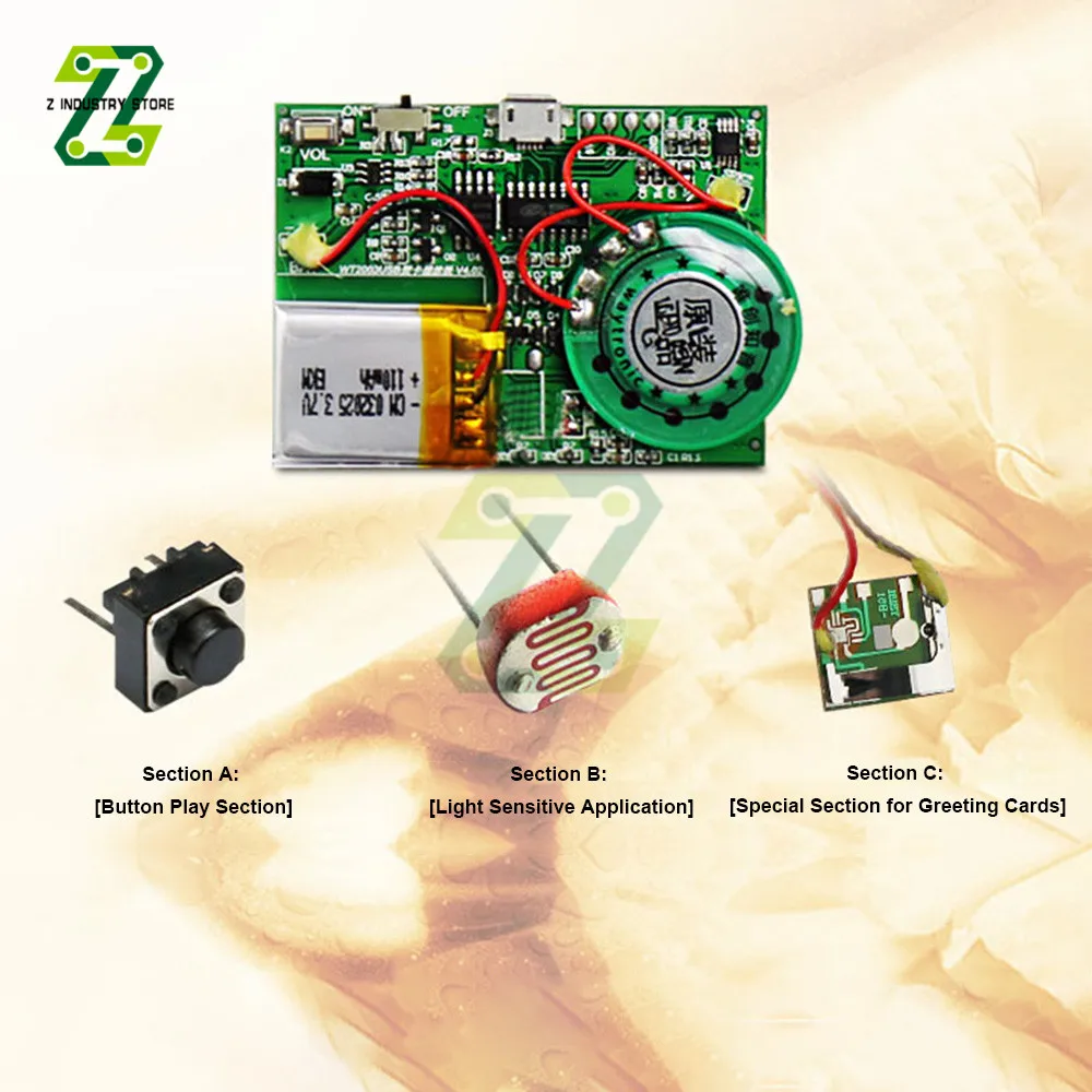 Controllo a pulsante MP3 modulo audio PCB registrabile modulo audio USB per biglietti di auguri