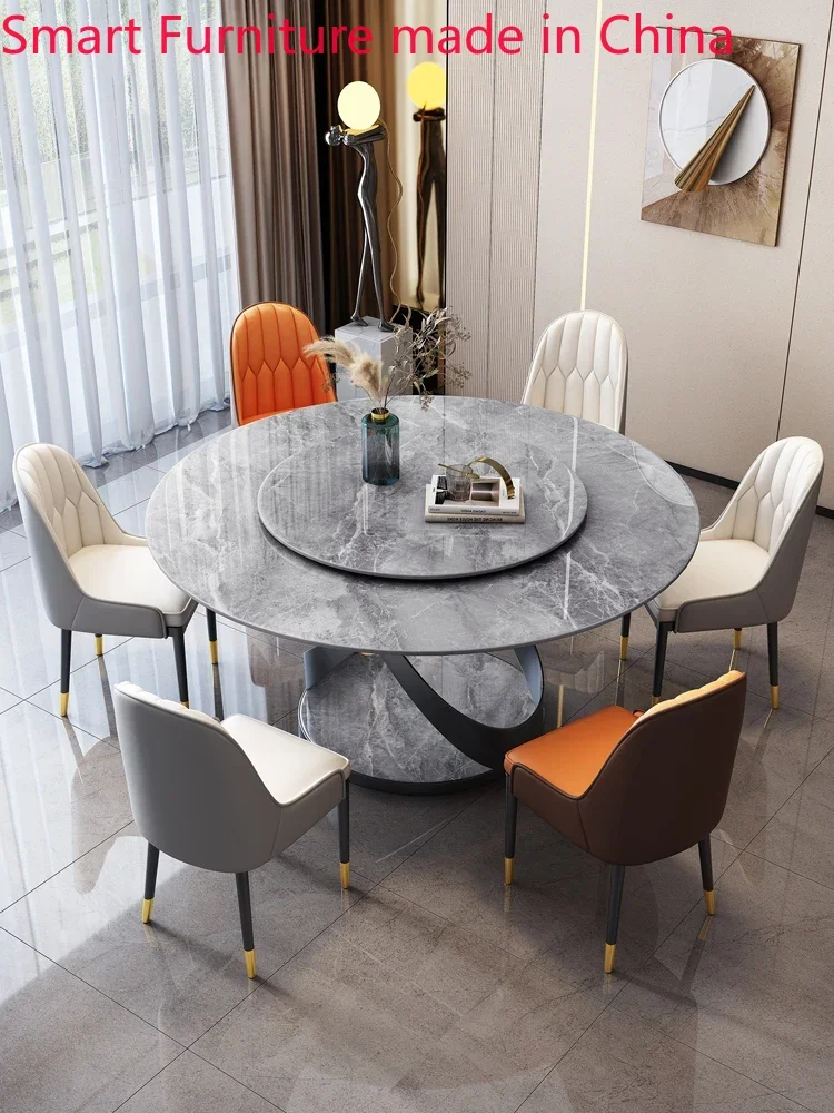 Marble circular dining table and chair combination, household round table with turntable, Italian rock plate dining table,