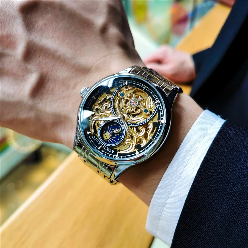 Stainless Steel New Full Skeleton Moonphase Luminous Waterproof Tourbillon Self-Wind Automatic Watch for Men