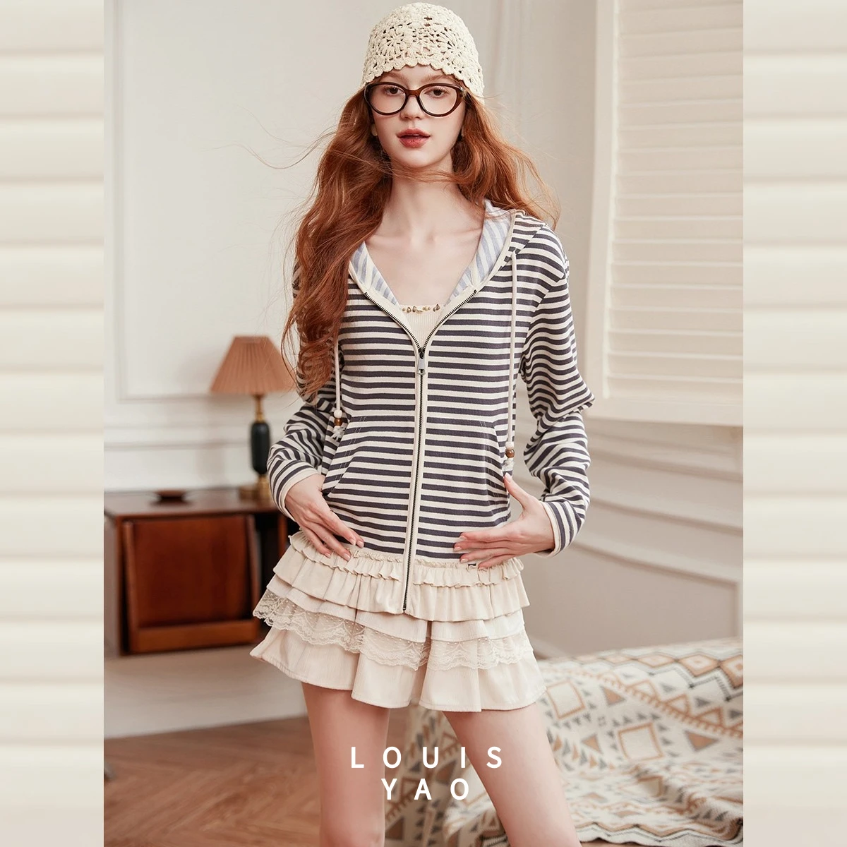 

LOUISYAO Casual Striped Hooded Knit Cardigan 2025 Autumn Tops Sweet Patchwork Flounced Edge Drop Sleeves Women's Coat