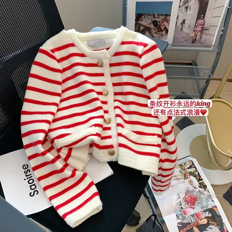 2 Colors Striped Knitted Sweater Black Cardigan Women Korean Fashion Long Sleeve Top Casual Cardigans Women Clothes Crop Sweater