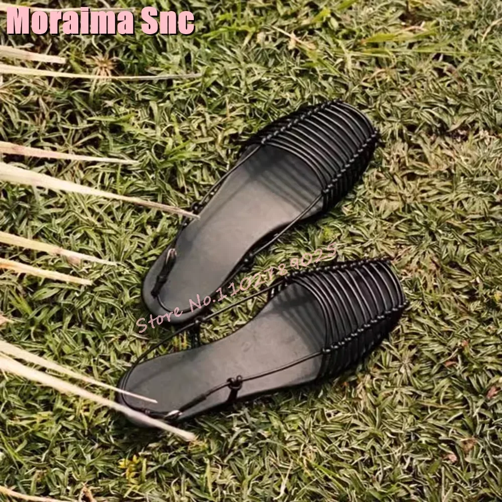 

Hollow Narrow Band Flat With Sandals Square Toe Back Strap Sexy Fashion Women Beach Shoes Roman Style Brown Solid 2025 Newest