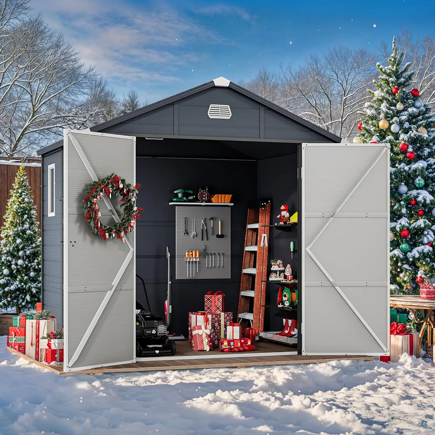 All-Weather Plastic Shed with Lockable Doors, Window & Vents, Plastic Tool Shed for Backyard, Patio, Poolside, Lawn, Dark Gray