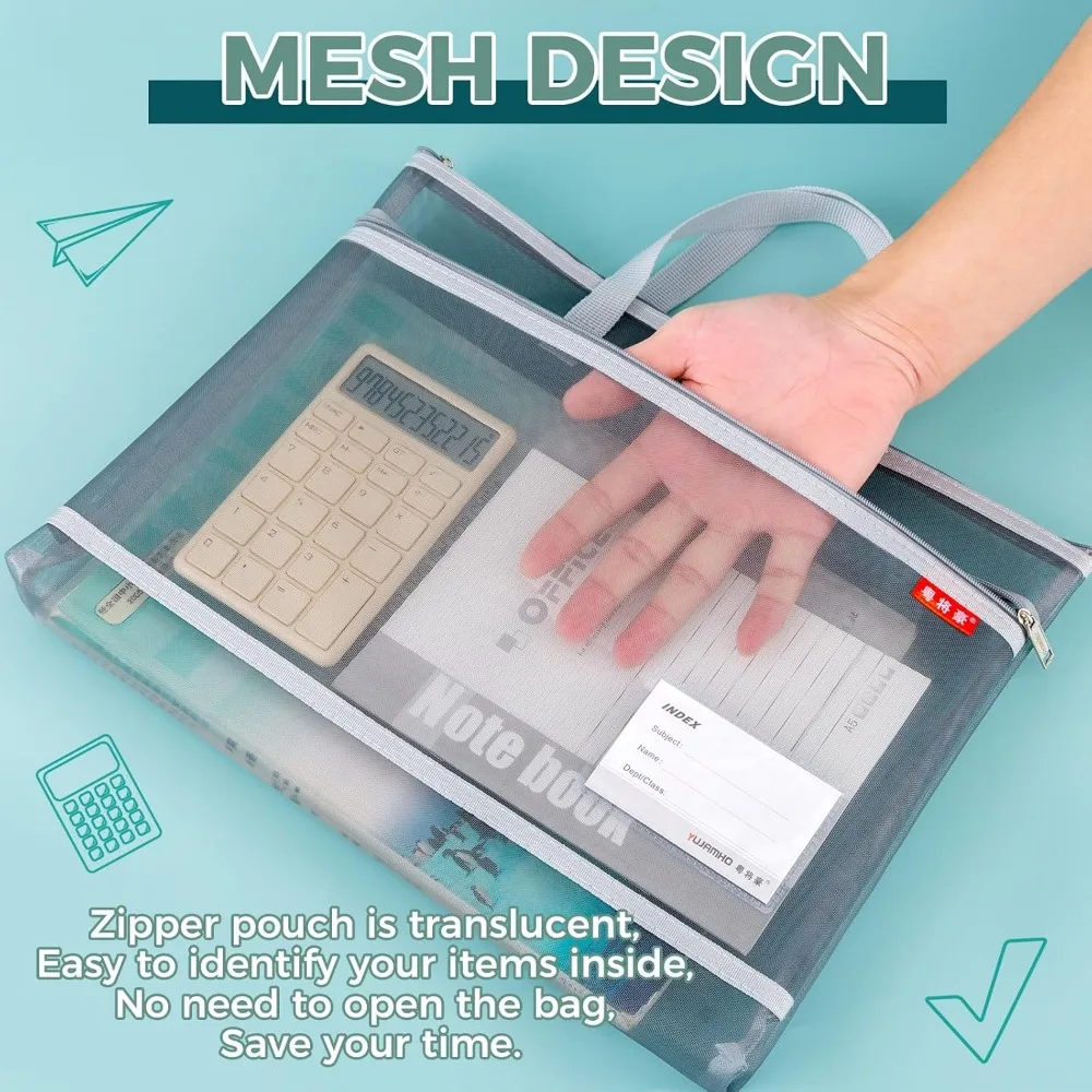 Pendancy Mesh Zipper Pouch A4 Size, Large Double Pocket Lightweight Nylon Transparent File Bag with Handle, 11x13.8 in Foldable