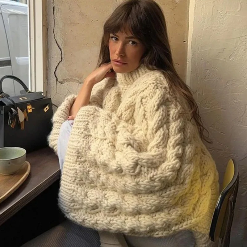 Oversize Knit Pullover Women Casual Lazy Round Neck Kink Solid Sweater Female Autumn Winter Loose Sleeves Knitwear Lady